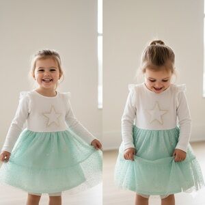 Cat & Jack Cream and Mint Green Star Dress